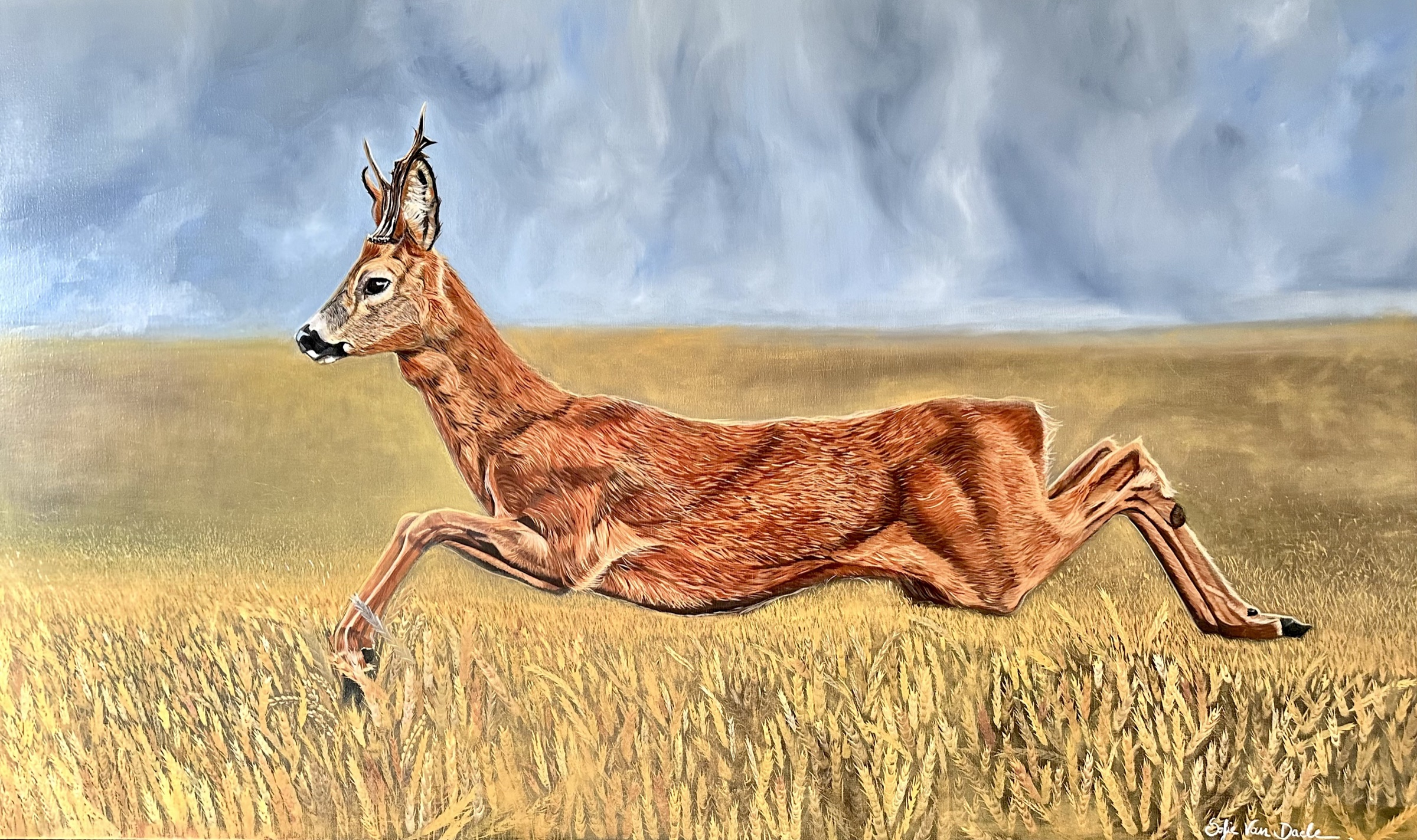Spring in 't veld — olieverfschilderij van een springende reebok
